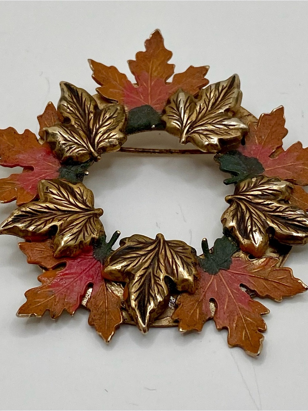 Vintage - inspired Autumn Leaf Wreath Brooch — Gold & Orange Red Tones